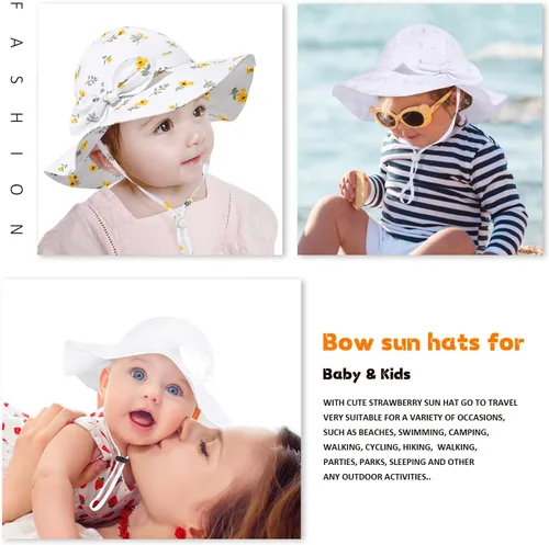 Vista 17 de Sombrero de sol para bebé niña con UPF 50+ sombrero de playa ajustable para exteriores con ala ancha