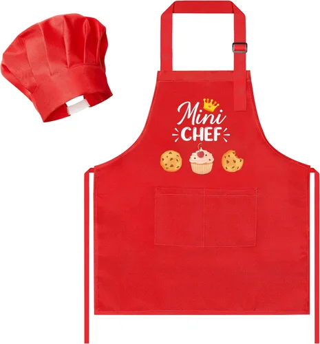 Vista 18 de R HORSE Juego de delantal y sombrero de chef para niños, 2 piezas, mini parrilla ajustable, delantal de cocina para niños, juego de rol, juguete