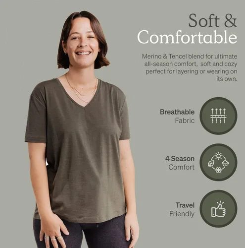 Vista 3 de Nui Organics - Camiseta de lana merino y Tencel para mujer, capa base, tela natural ultrasuave, comodidad durante todo el año, absorbente.