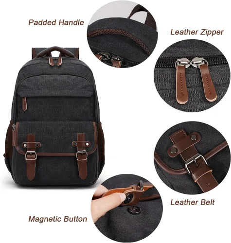 Vista 4 de Mochila de lona para laptop con puerto de carga USB, mochila vintage para hombres y mujeres, mochila negra de viaje para trabajo, mochila Negro