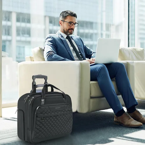 Vista 7 de EMPSIGN - Maletín con ruedas para laptop para mujer, 15.6 pulgadas, color negro Water-Repellent, Airline Approved, Overnight Computer Bag, Rolling