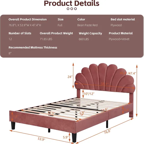 Vista 2 de DEINPPA Base de cama tapizada tamaño matrimonial con cabecera ajustable de flores elegantes, cama de plataforma de terciopelo con soporte