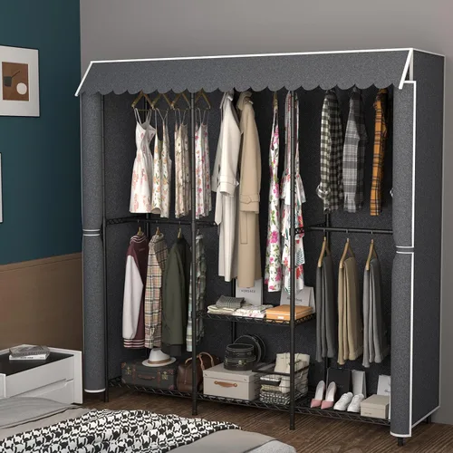 Vista 6 de Armario portátil resistente de 68 pulgadas con tapa, gran perchero de almacenamiento para colgar ropa, armario de metal, estantes de ropa