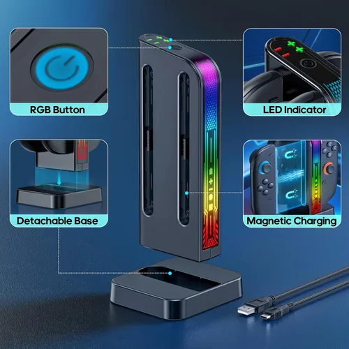 Vista 5 de Switch 2 Controller Charger Dock para Nintendo Switch 2 JoyCon, estación de carga magnética rápida de 2.5 horas con LED RGB e indicador, Joy-Con 2