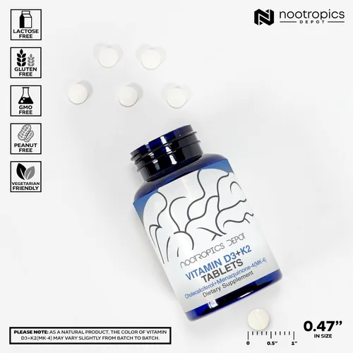 Vista 3 de Nootropics Depot Vitamina D3 + K2 con tabletas de vitamina C 60 unidades Colecalciferol + Menaquinona-4 (MK-4) Salud del estado de ánimo