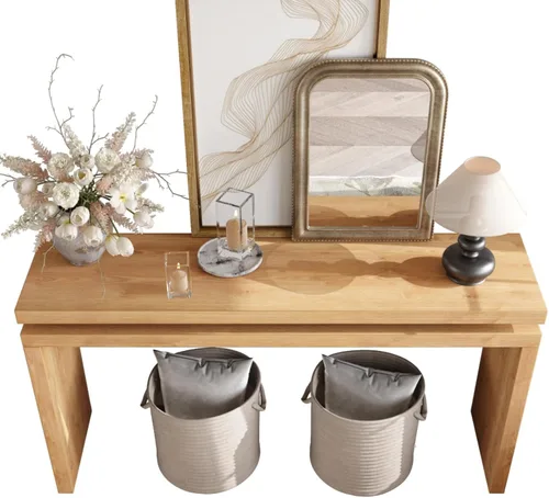 Vista 4 de Mesa de entrada de madera retro de 60 pulgadas, mesa consola de granja natural con diseño de suspensión de doble tablero para sala de estar, fácil