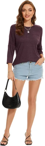 Vista 56 de ZENNILO Camisetas casuales de manga 3/4 para mujer, holgadas, cuello redondo, lindas camisetas básicas