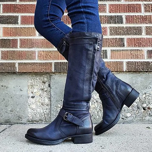 Vista 3 de Ctreela Botas de equitación holgadas con cremallera lateral vintage, botas de motocicleta para invierno, retro, punta redonda, botas de combate