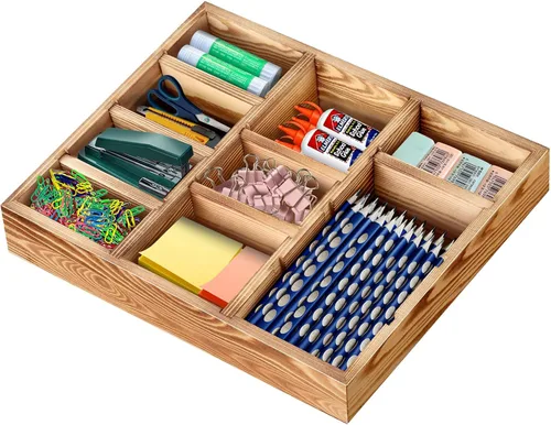 Vista 7 de Organizador de cajones de escritorio de madera, organizador de oficina y caja de almacenamiento de 9 ranuras, bandeja de escritorio ajustable