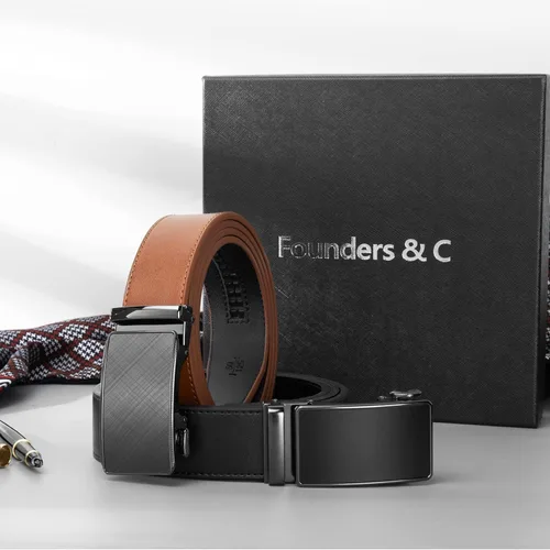 Vista 3 de Founders & C Cinturón para hombre, 2 unidades, vestido de cuero con trinquete con hebilla deslizante de 1 38 pulgadas en caja de regalo