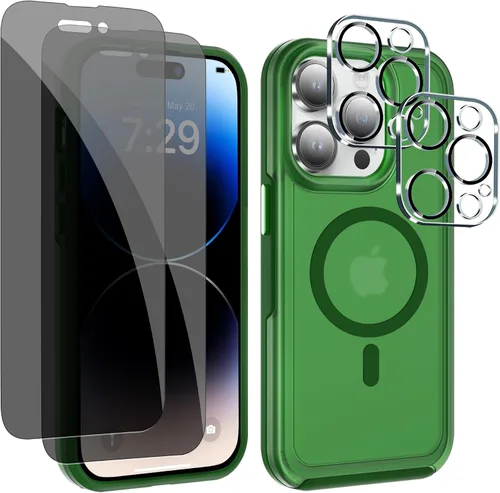 Vista 8 de Funda MagSafe a prueba de golpes anticaídas para iPhone 14 Pro (5 en 1) con protector de pantalla de vidrio antiespía, protector de lente de cámara