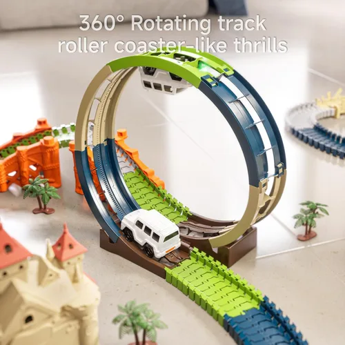 Vista 5 de TUMAMA - Pista de carreras de 202 piezas de juguetes de castillo mágico para niños y niñas de 3, 4, 5, 6, 7 años, pista de tren flexible giratoria