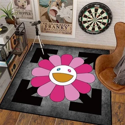 Vista 11 de 100x100cm (40x40 pulgadas) Alfombra de Takashi Murakami con diseño de flores, material suave y duradero para decoración del hogar y uso en la 02