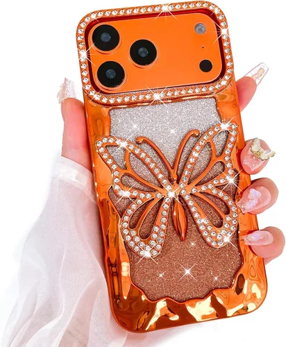 Vista 37 de Bonoma Funda con purpurina para iPhone 13 Pro Max, bonita funda 3D con patrón de chapado en degradado de mariposa de diamante, protección de cámara
