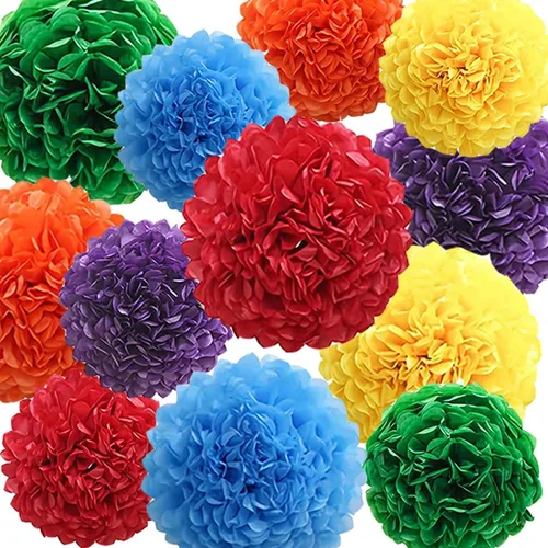 Vista 12 de 12 pompones de papel de seda azules para colgar, pompones de flores para decoración de fiesta de techo