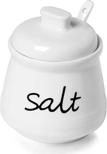 Vista 11 de ONTUBE Tazón de sal de cerámica con tapa y cuchara 12oz (beige) Ceramic, 12 oz, lid & spoon, air-tight, keeps salt dry, easy-to-clean