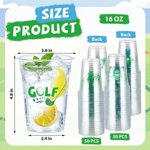 Vista 3 de 100 vasos de plástico para pelotas de golf, 16 onzas, color verde, desechables, vasos de plástico desechables para deportes, cumpleaños, soltero