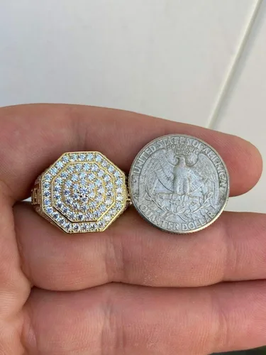 Vista 8 de Men's Real Solid 925 Sterling Silver Octagonal Hip Hop Ring - 14k Gold Plated - Super Iced Large Flooded Out Pinky Ring - Sz 7-13
