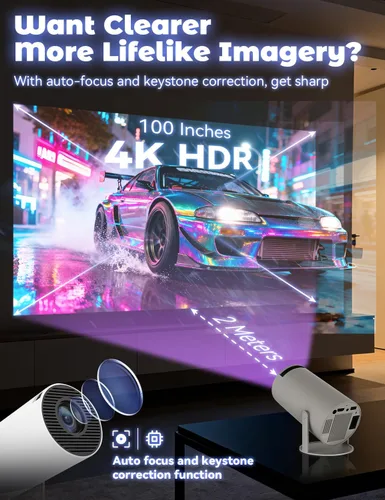 Vista 3 de Proyector portátil con WiFi y Bluetooth, compatible con 4K y proyector de ventana de enfoque automático, mini proyector giratorio de 210° altavoz