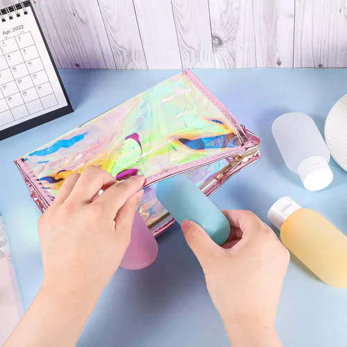 Vista 5 de BESARME Bolsas de Maquillaje Holograma para Mujeres, Bolsas de Aseo Transparentes con Cremallera Portátiles, Relleno en Masa
