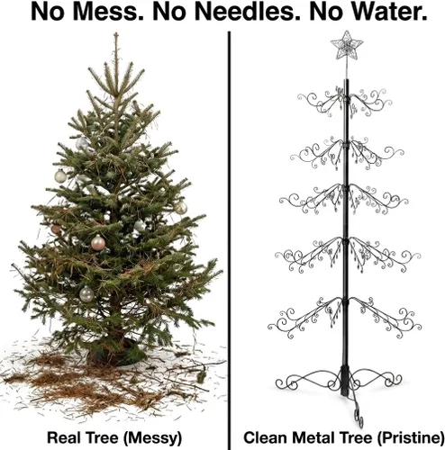 Vista 6 de HOHIYA Árbol de Navidad de hierro forjado de 6.5 pies, alternativa para árbol de Navidad, 174 ganchos, soporte de exhibición de adornos de metal