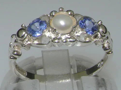 Vista 2 de Anillo de plata de ley 925 con perlas cultivadas y tanzanita para mujer