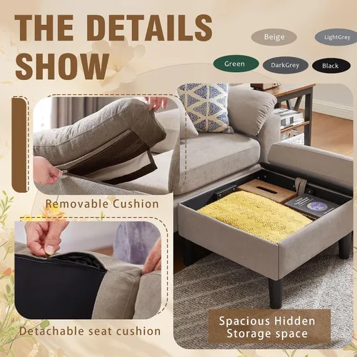 Vista 5 de Juego de sofá modular convertible de 79 pulgadas, moderno sofá pequeño en forma de L de lino con otomana reversible y sofá biplaza, sofás de 3 Beige