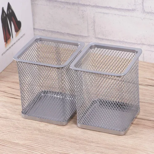 Vista 2 de NUOLUX 2pcs Metal Mesh Square Pencil Holder Pen Pot Desk Tidy Organizer (Plata)
