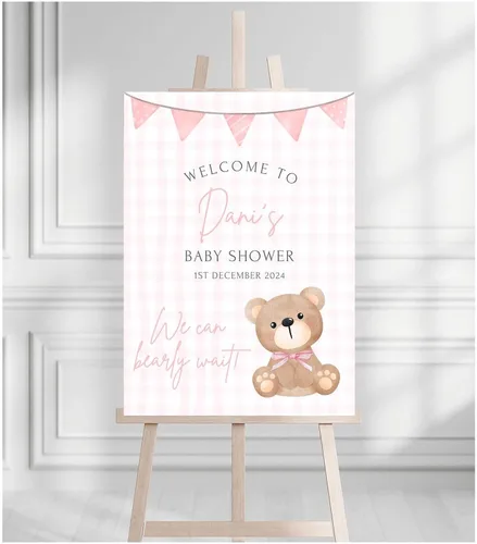 Vista 23 de Letrero de bienvenida para baby shower, personalizable, con texto en inglés «We Can Bearly Wait» Neutral Cute Teddy Bear Theme, varios tamaños