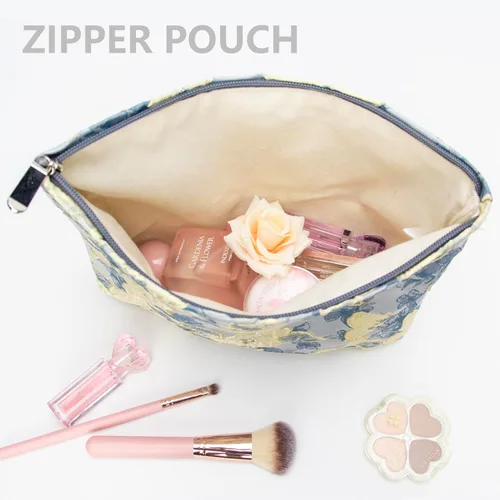 Vista 3 de Pazimiik Bolsa de maquillaje floral, grande, de algodón, con cremallera para bolsa de viaje, organizador de maquillaje de lona para mujeres