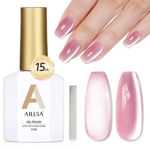 Vista 13 de AILLSA - Esmalte de uñas de gel ojo de gato color marrón con purpurina dorada con imán, esmalte de uñas de gel ámbar destello nude con cristales