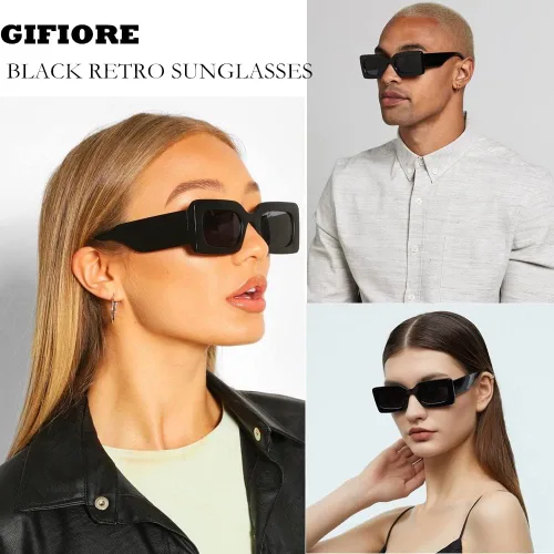 Vista 2 de GIFIORE Gafas de sol rectangulares retro de los años 90 para mujer, gafas gruesas de moda, marco negro y rosa