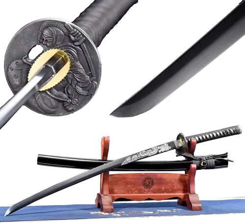 Vista 13 de Black Sword - Katana japonesa de espada completa, espadas largas de acero al carbono de 41 pulgadas Negro-2