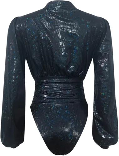 Vista 8 de Conjunto de body sexy para mujer, estampado reflectante, mangas largas, halter sólido, malla transparente, retazos a rayas