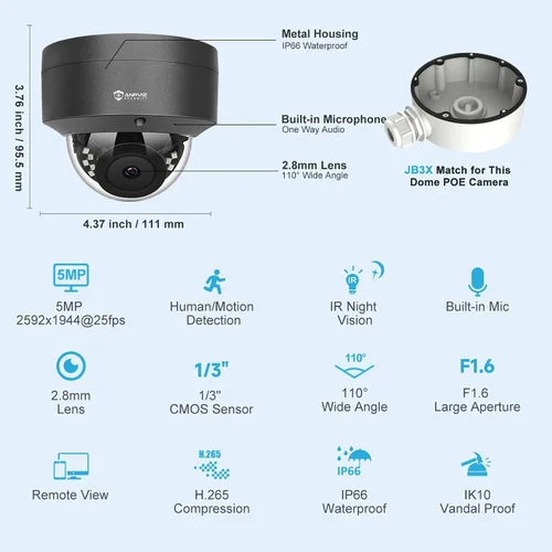 Vista 9 de Anpviz Cámara PoE de 5 MP, cámara IP PoE de seguridad para vandalismo al aire libre con audio, visión nocturna de 98 pies, H.265, grabación 24/7 Gris