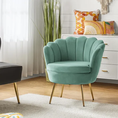 Vista 32 de HULALA HOME Silla decorativa moderna de terciopelo con respaldo en forma de concha, bonito sillón para sala de estar, dormitorio con patas doradas