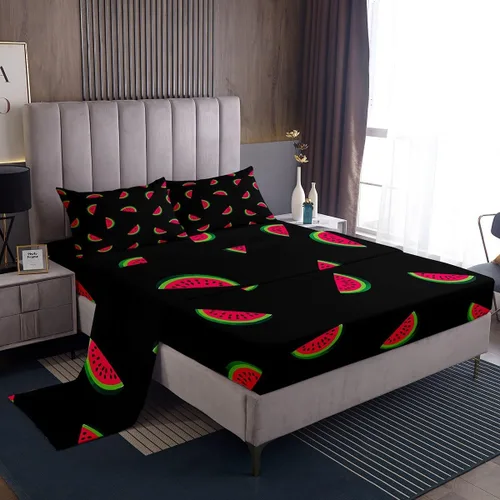 Vista 28 de Erosebridal Juego de sábanas de fresa, tamaño individual, diseño de fresa rosa para niñas y niños, sábana bajera ajustable de frutas tropicales