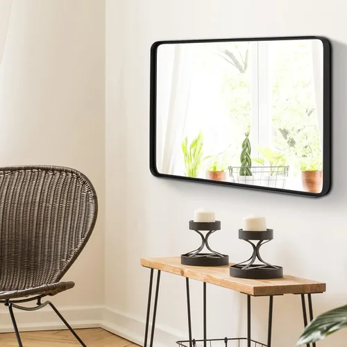 Vista 3 de MAT EXPERT Espejo de pared rectangular de 30 x 22 pulgadas, espejo de baño con marco de metal negro y esquinas redondeadas, espejo de maquillaje