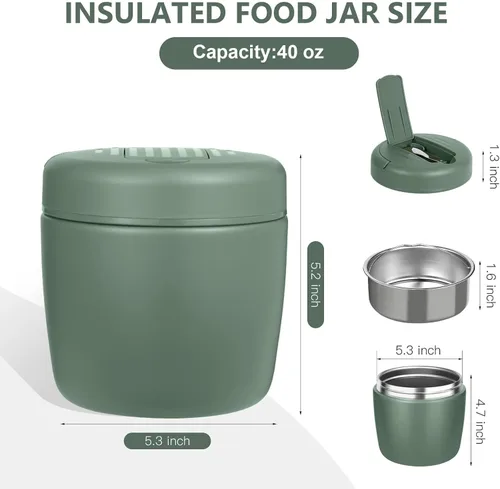Vista 6 de Termo para comida caliente de 40 onzas, tarro de comida aislado al vacío para adultos, de acero inoxidable, termo de boca ancha, a prueba de fugas