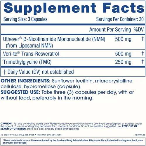 Vista 6 de Liposomal NMN Pro Complete (90 Cápsulas) - Liposomal Uthever NMN, Trans-Resveratrol, TMG