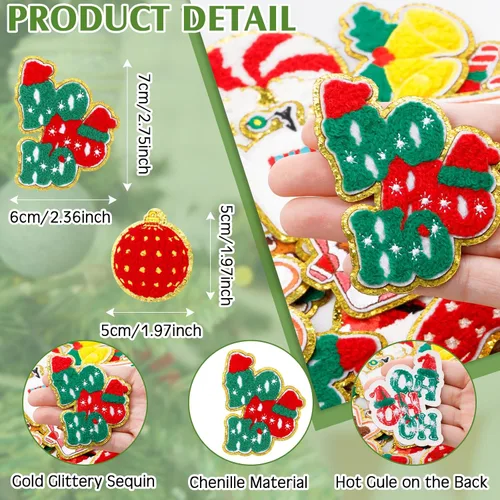 Vista 2 de 48 parches autoadhesivos para planchar, parches bordados de chenilla, parches para coser, apliques de Papá Noel, muñeco de nieve, pan de jengibre