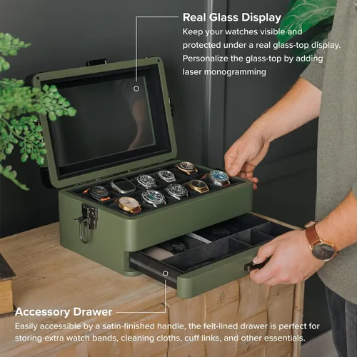 Vista 5 de CASE ELEGANCE Caja organizadora militar de 10 ranuras para reloj, para hombres, parte superior de cristal real, bandeja modular de valet, compatible