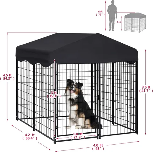 Vista 2 de Perrera para perros en el exterior, 4.5 x 4 x 4 pies, con techo para perros medianos y pequeños, jaula para perros al aire libre con cubierta