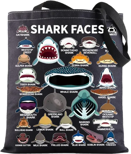 Vista 10 de BWWKTOP Bolsa de lona con cara de tiburón, regalo para amantes de los tiburones, bolsas reutilizables para comestibles