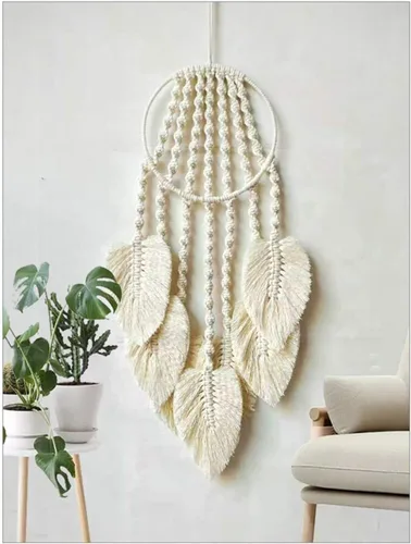 Vista 3 de Tapiz de macramé tejido de algodón, atrapasueños, tejido a mano con borlas de plumas, adorno para manualidades, dormitorio, sala de estar, Beige