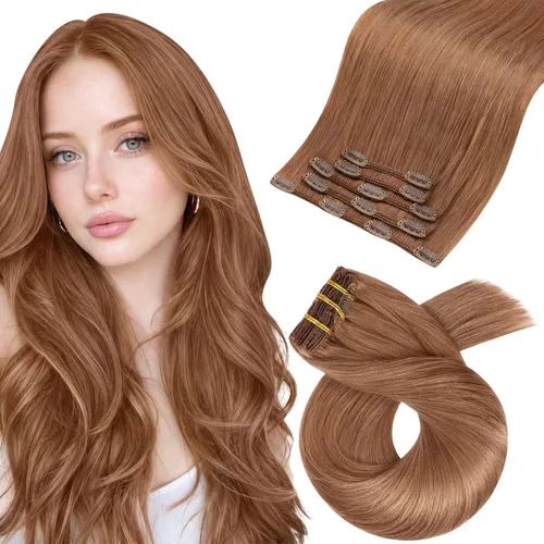 Vista 47 de Moresoo Extensiones de cabello humano con clip, balayage, color marrón oscuro a marrón dorado con clip, extensiones de cabello humano con clip, 5