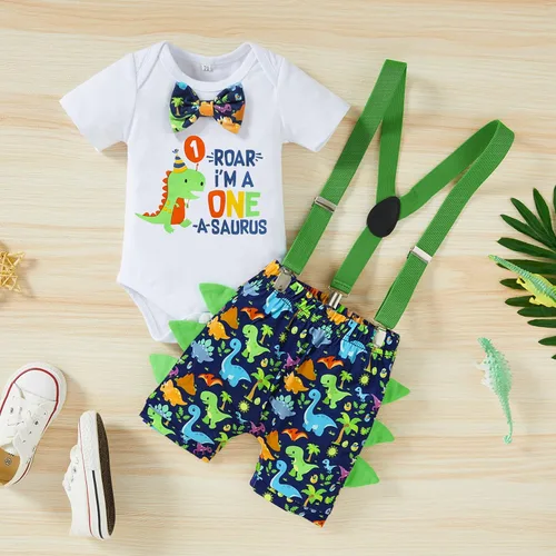 Vista 2 de Conjunto de ropa de manga corta con tirantes ajustables en la espalda en Y para bebés y niños