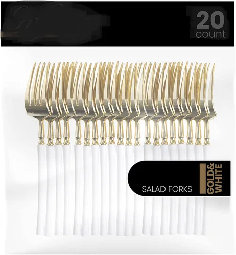 Vista 7 de PlasticPro 20 unidades de tenedores de cena de plástico dorado de calidad premium resistentes desechables elegantes cubiertos de cena para fiesta