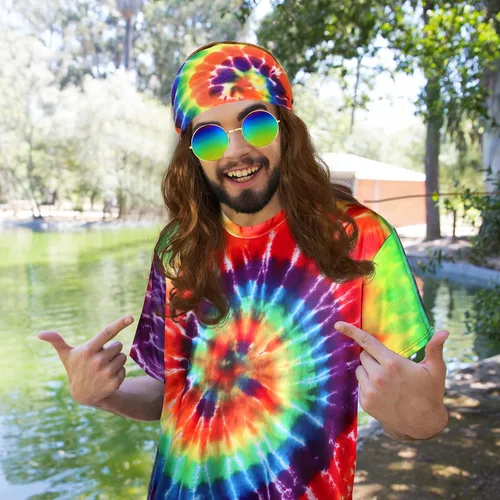 Vista 6 de Norme 5 piezas de disfraz hippie de Mardi Carnival para hombres y mujeres, camiseta de los años 70, diseño de teñido anudado, collar con signo