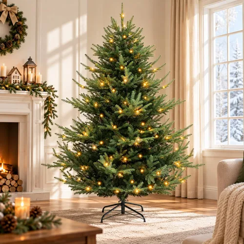 Vista 16 de COSTWAY Árbol de Navidad artificial de 6 pies, diseño preiluminado con Verde nevado
